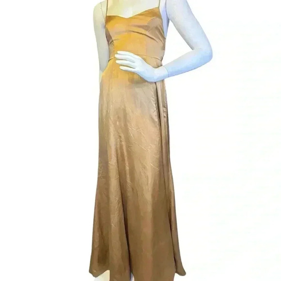 Show Me Your Mumu Godshaw Goddess Tie Back Gown True Gold Luxe Satin’s Dress. - Picture 4 of 12
